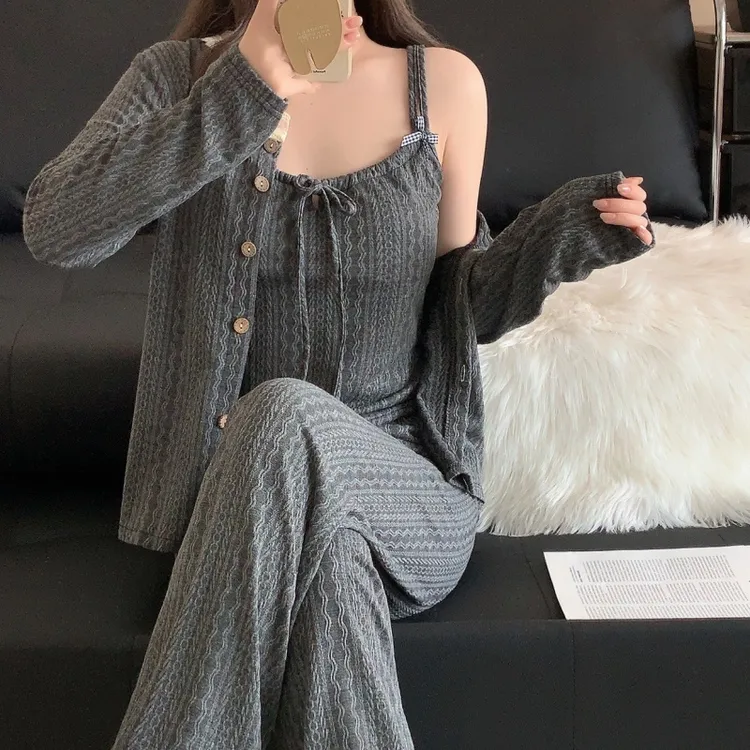 甜美睡衣2025春秋季长袖新款开衫吊带三件套带胸垫性感家居服可外