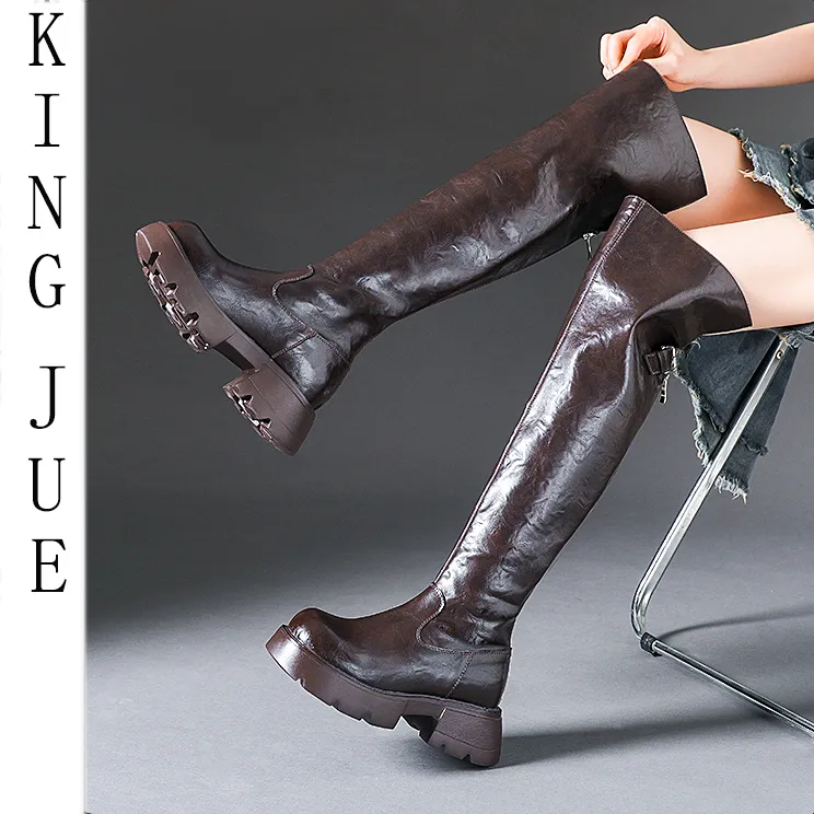 【王爵】真皮过膝长筒靴/粗跟6厘米/黑色圆头瘦瘦靴过膝高筒靴子女
