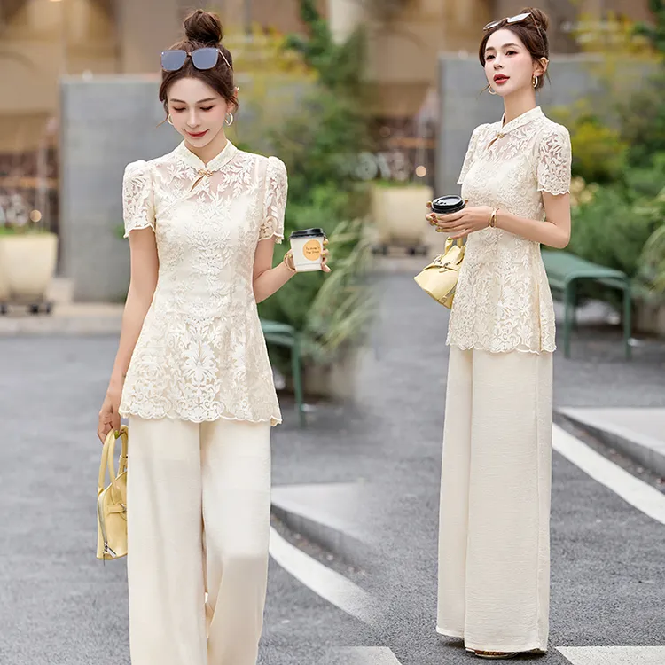 新中式国风蕾丝套装裤女2025夏季新款高级感复古盘扣阔腿裤两件套