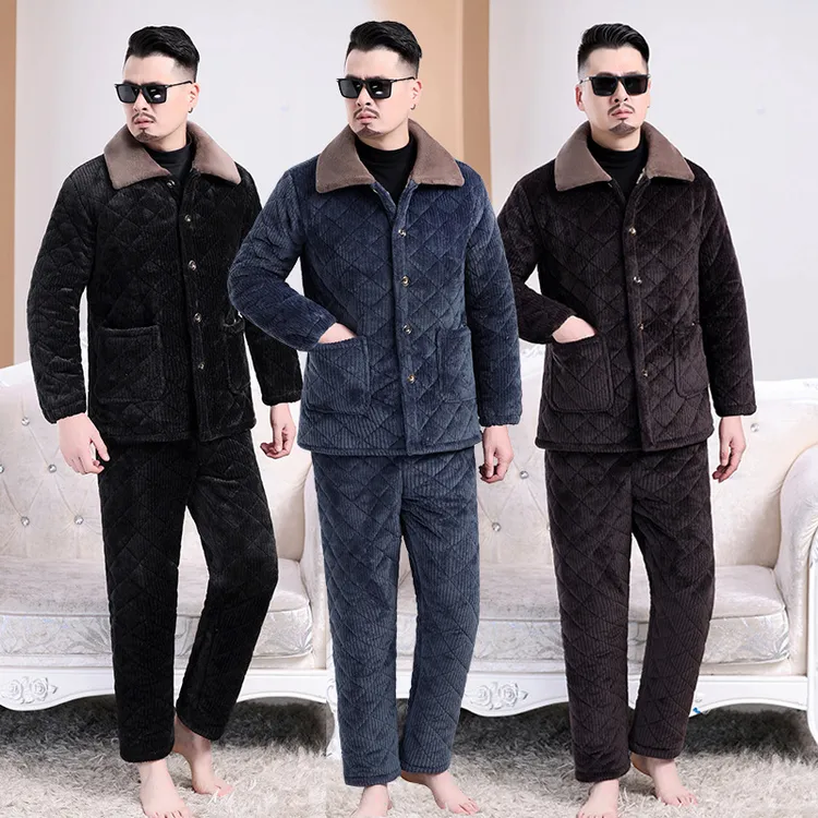 新品男士家居服冬季加绒加厚夹棉保暖防寒睡衣外套棉衣棉裤两件套