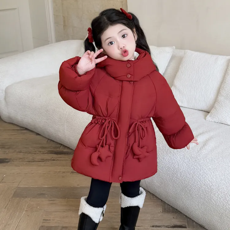女童羽绒服秋冬2025新款儿童宝宝红色拜年服中长款收腰白鸭绒外套
