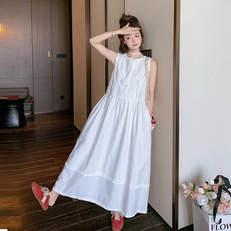 白色夏日绝美小裙子女2025新款清纯系白月光木耳边拼接无袖背心裙