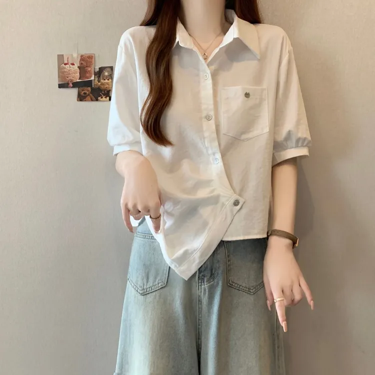 大码女装胖mm夏新款2025设计感显瘦不规则短袖百搭时尚上衣衬衫女