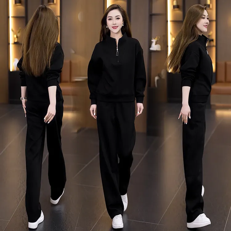 宽松显瘦休闲运动套装女2025秋季新款极简风套头卫衣阔腿裤两件套