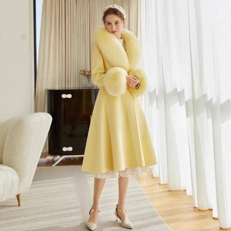 秋冬双面羊毛大衣女修身皮草显瘦修身小个子名媛风狐狸毛呢大衣