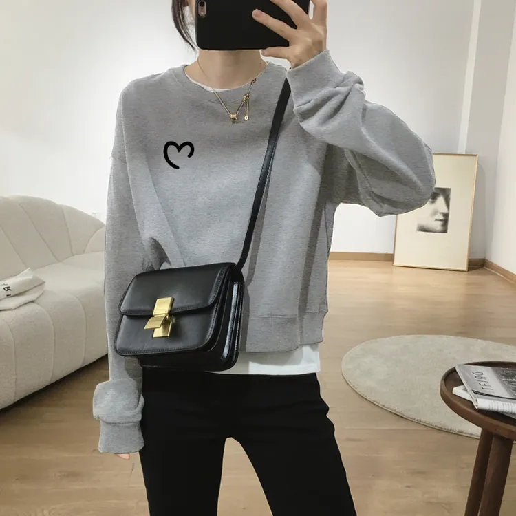 假两件圆领套头短款卫衣女加绒加厚秋冬上衣宽松小个子春秋薄款