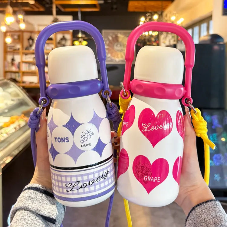 新款高颜值保温杯女生吸管双饮水杯学生上学大容量便携水壶带提手