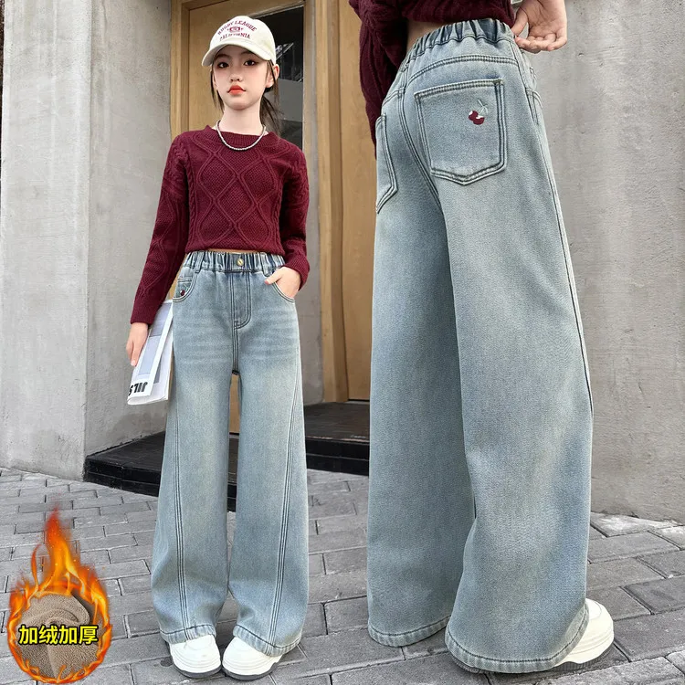 女童冬款牛仔裤中大童松紧腰一体绒裤子儿童女孩刺绣加厚弯刀裤潮