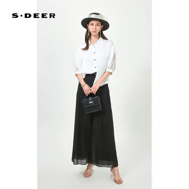 sdeer圣迪奥女装时尚百搭OL风翻领蕾丝垂坠雪纺衬衫S242Z0459