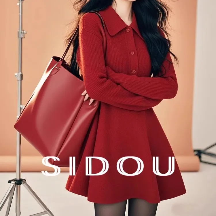 4044圣诞红色针织毛衣连衣裙女冬季法式高级感减龄短裙子