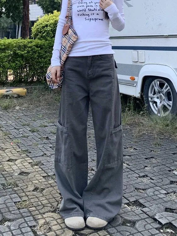 美式工装裤女春秋新款胖妹妹mm宽松显瘦梨形身材直筒阔腿拖地裤子