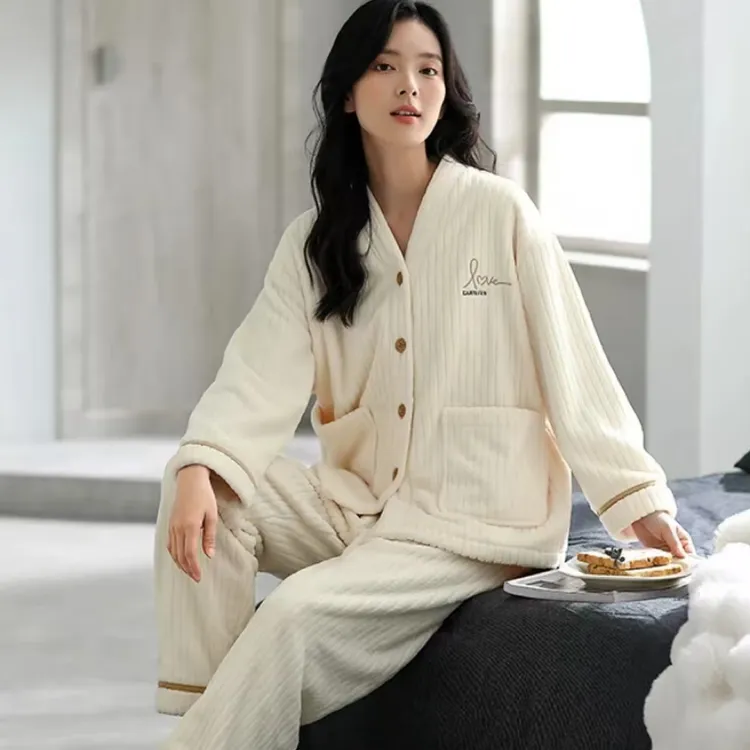 【高品质专柜版】秋冬慵懒风韩版条纹睡衣加绒加厚家居服套装