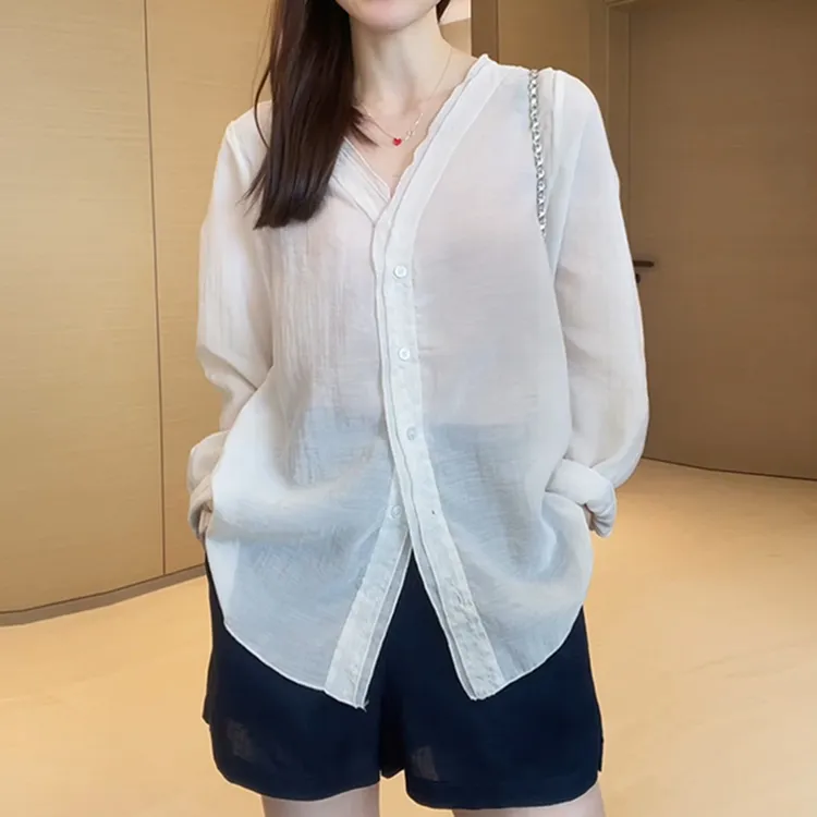 韩系简约花边V领微透宽松衬衫上衣胖mm显瘦遮肉减龄洋气夏季新款