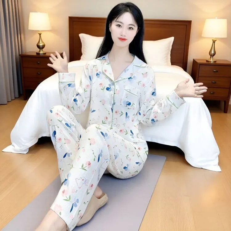秋季纯云朵棉绸睡衣女士春秋款长袖开衫大码家居服套装秋冬薄新款