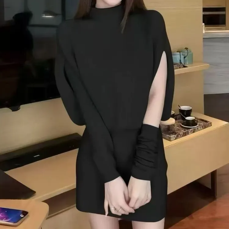 秋季新款轻奢红色高领蝙蝠袖斗篷收腰包臀显瘦气质连衣裙