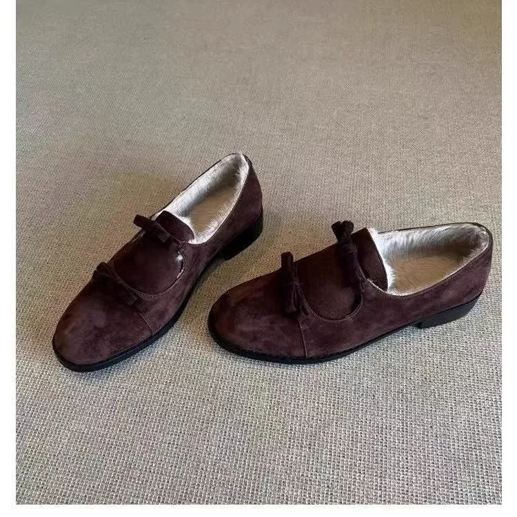 牛皮版英伦风蝴蝶结加绒小皮鞋女2025年新款一脚蹬粗跟复古乐福鞋