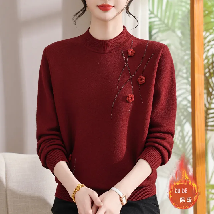 中老年女装加绒加厚半高领毛衣妈妈装秋冬上衣服洋气一体绒打底衫