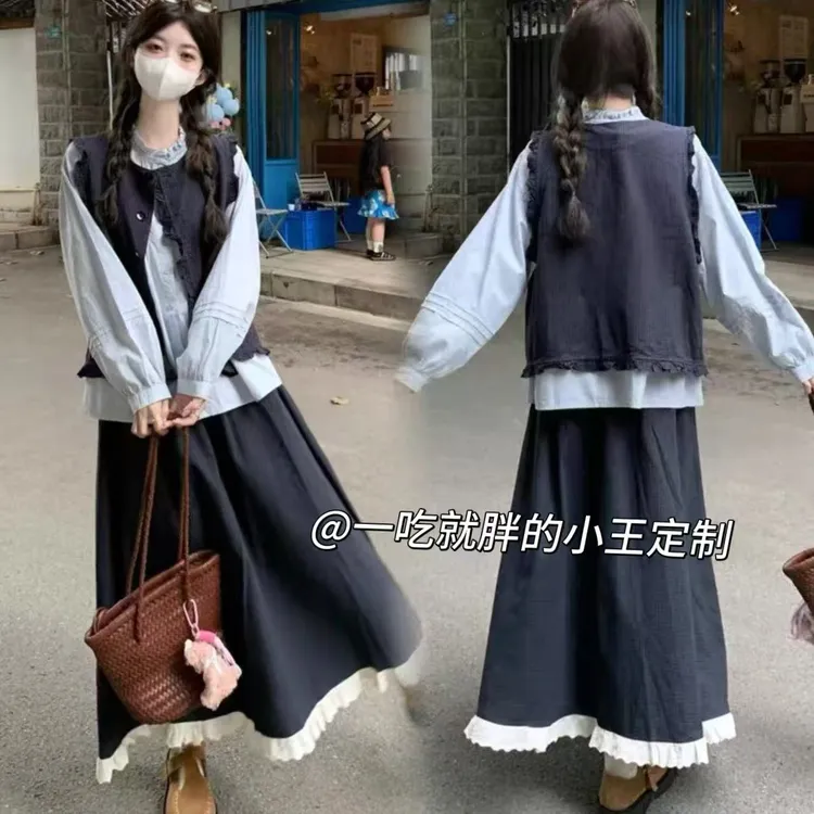 【小王家】大码胖mm初秋换季显瘦长袖衬衫高腰半身裙套装