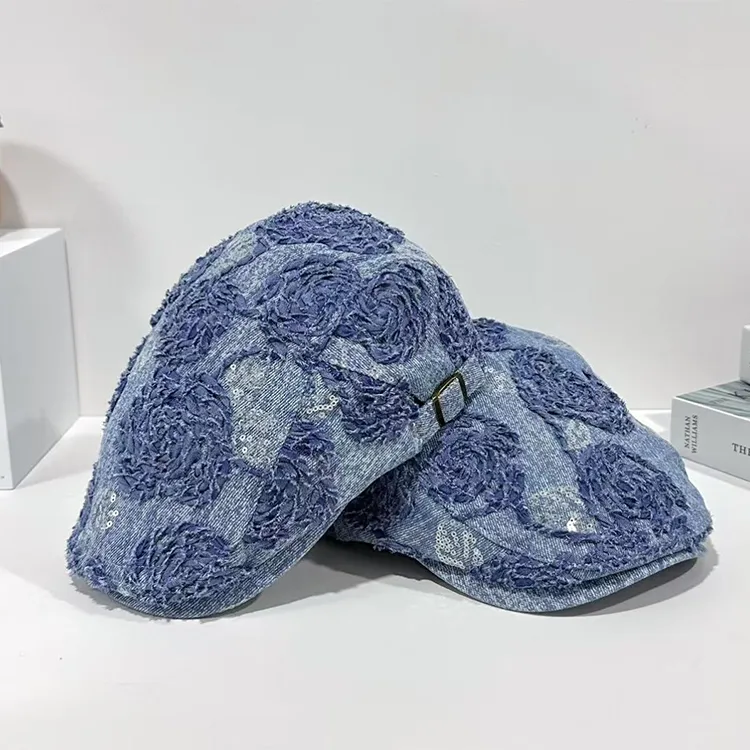 高端原创设计早春新品日系亮片花纹牛仔色鸭舌帽女时尚气质前进帽