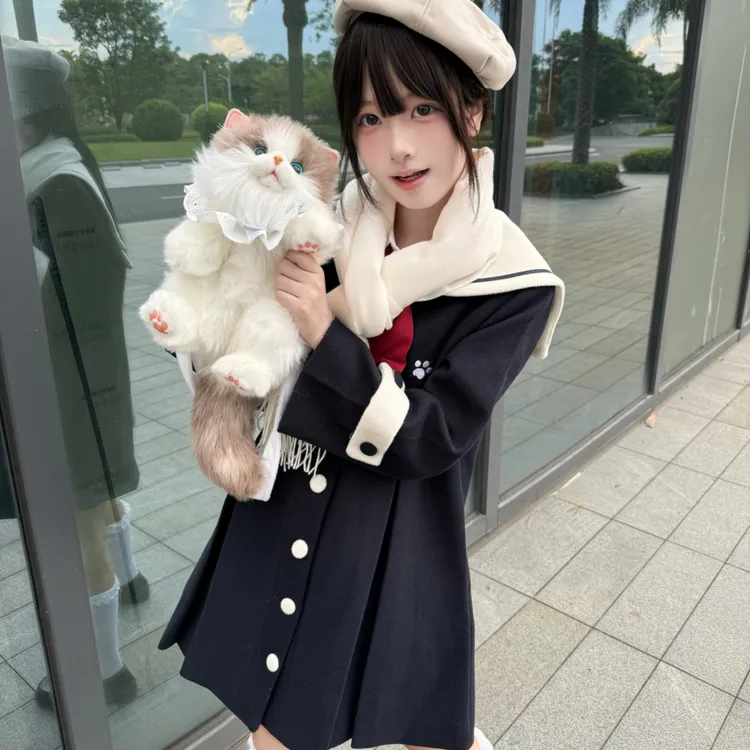 漓川JK毛呢外套女学院风可爱小个子秋冬绀色风衣海军领呢大衣显瘦