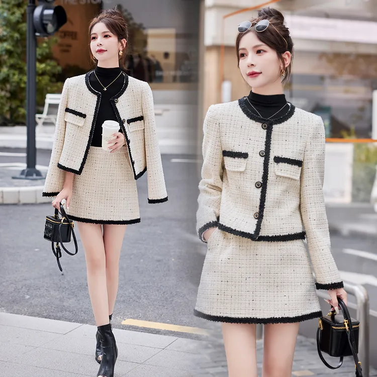 2023年秋冬季新款时尚淑女气质小香风套装小个子长袖毛呢显瘦