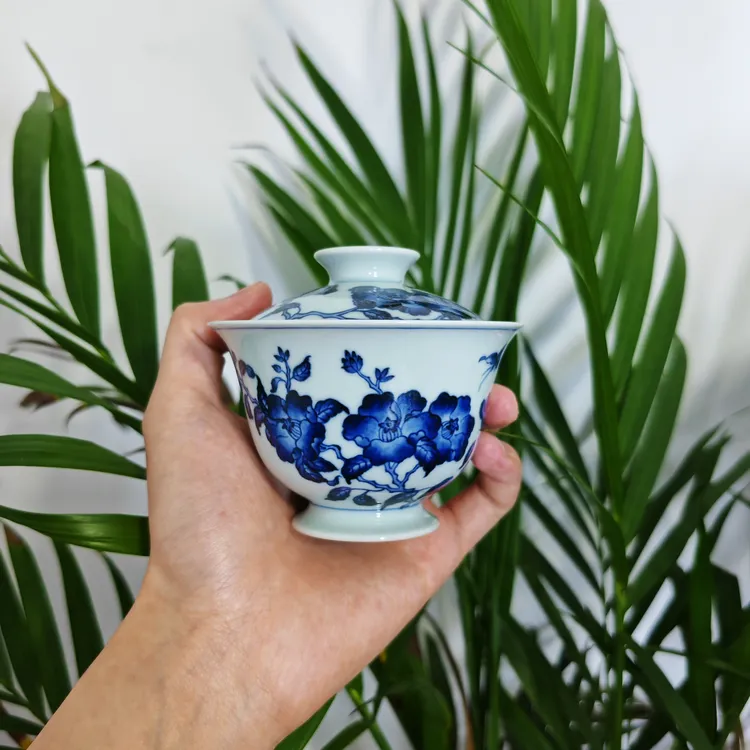 明逸堂手绘陶瓷|明青花山茶花盖碗茶具纯手工