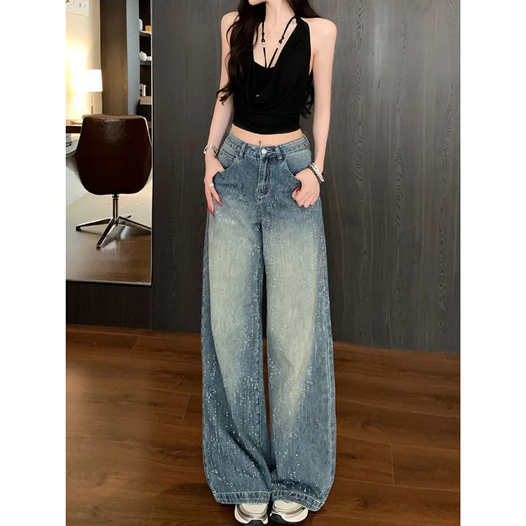 重工闪闪裤阔腿牛仔裤女2025年秋季新款高腰宽松显瘦高级感拖地裤