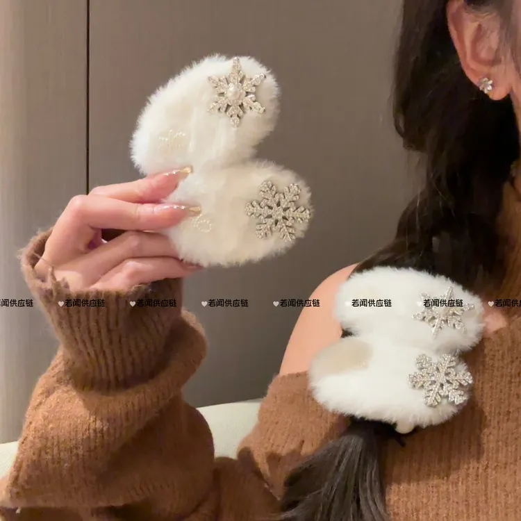 秋冬氛围感雪花毛绒发夹女边夹侧边蝴蝶结一字夹半扎发刘海鸭嘴夹