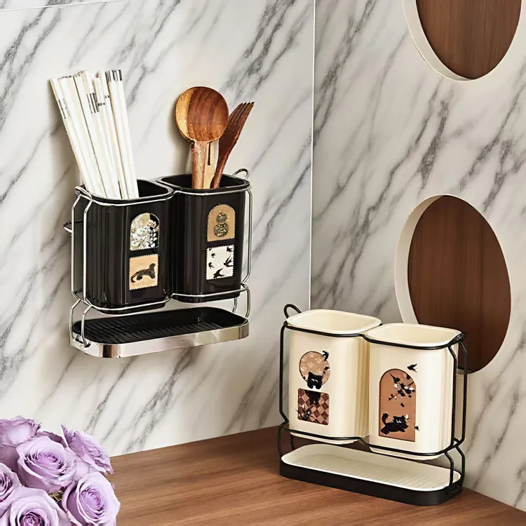 创意中古风多功能筷子筒厨房台面沥水筷子收纳筒免打孔壁挂筷子筒