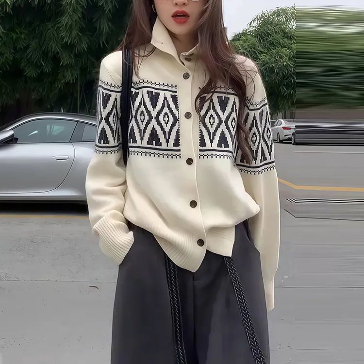 韩系设计感费尔岛提花毛衣外套2025冬季新款V领纽扣高领针织开衫