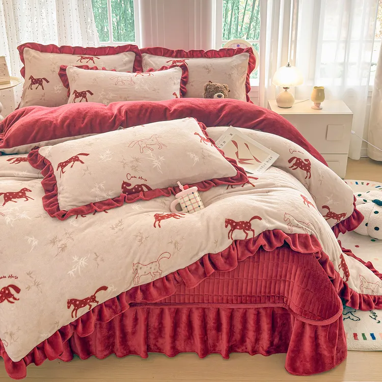 法式花边牛奶绒加厚床盖四件套冬季韩式高克重双面绒被套防滑被罩