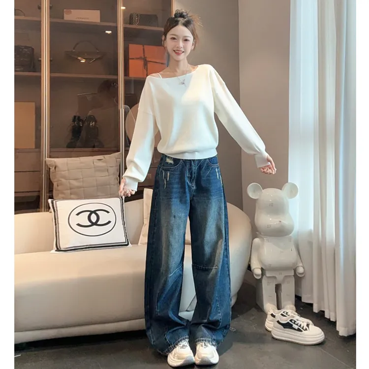 2025早秋牛仔弯刀裤新款潮酷宽松弯刀裤垂感高腰阔腿牛仔裤女