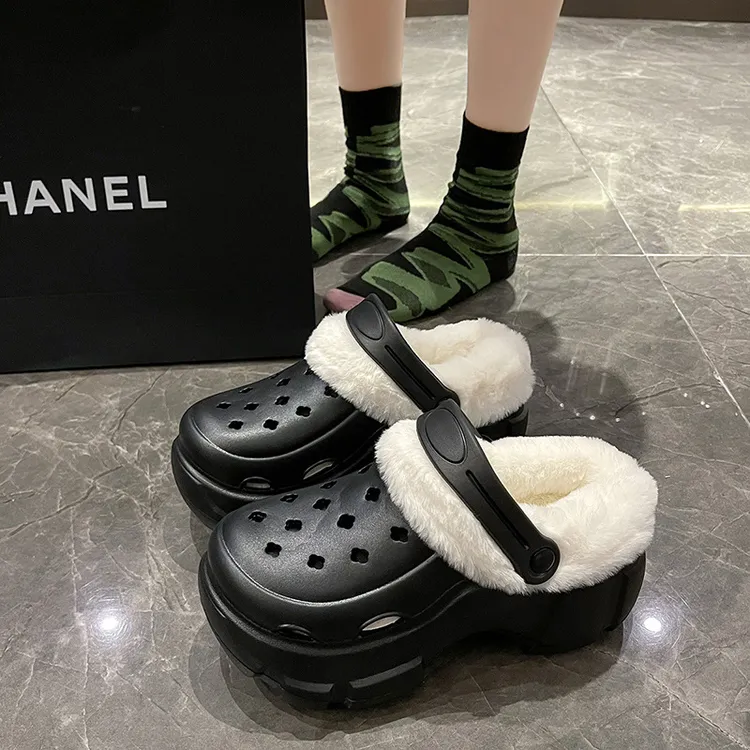 网红ins时尚百搭韩版冬季防滑软底厚底包半拖洞洞棉拖鞋女中跟圆