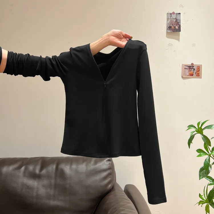 黑色V领正肩打底衫拉链长袖T恤女秋冬新款修身内搭设计感上衣