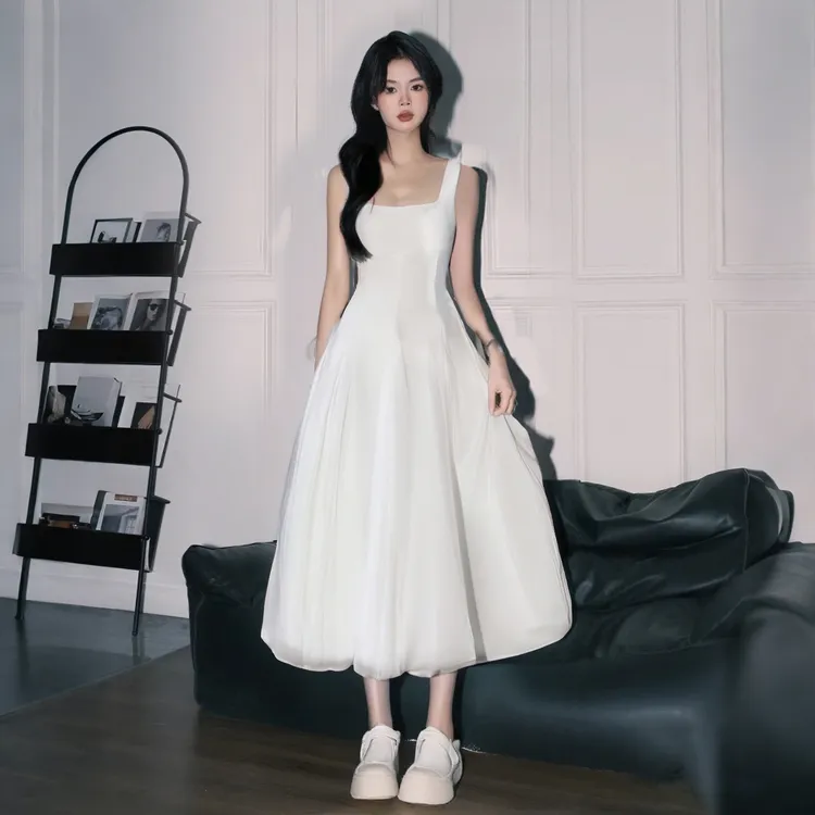 A【有里布】显瘦网纱蓬蓬仙女裙初恋白色吊带连衣裙女小礼服D0848