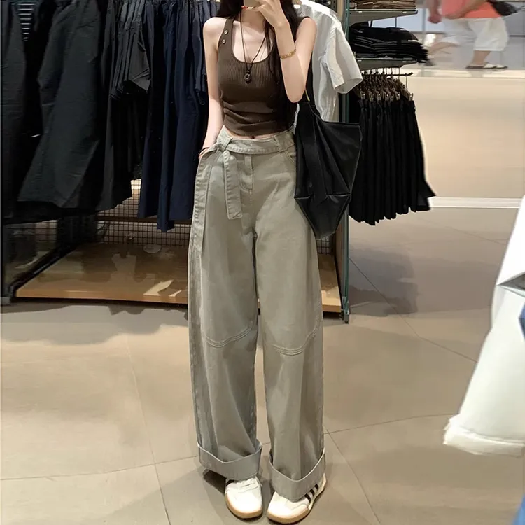 灰绿色飘带阔腿牛仔裤女秋季新款大码胖mm梨形身材高腰显瘦拖地裤