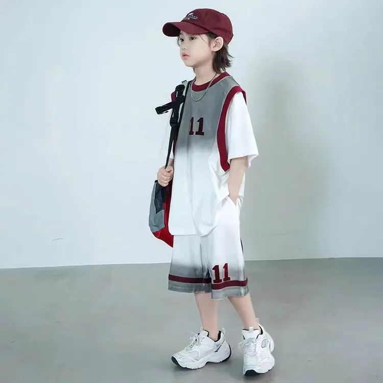 男童套装夏季新款运动套装2025中大儿童渐变球服假两件宽松篮球服