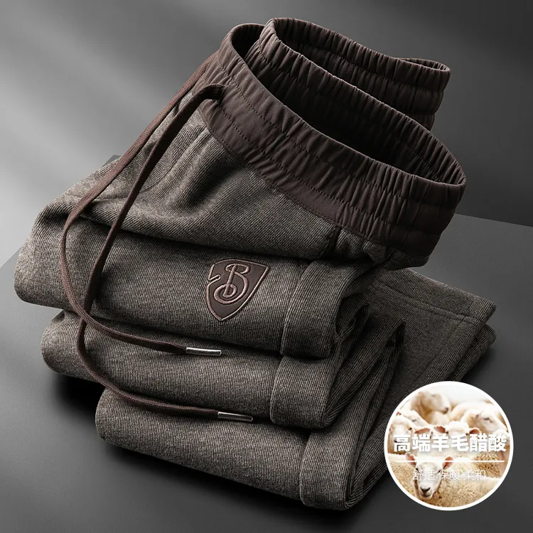 秋冬轻奢后口袋撞色拼接保暖醋酸羊毛裤男直筒高端老钱风休闲卫裤