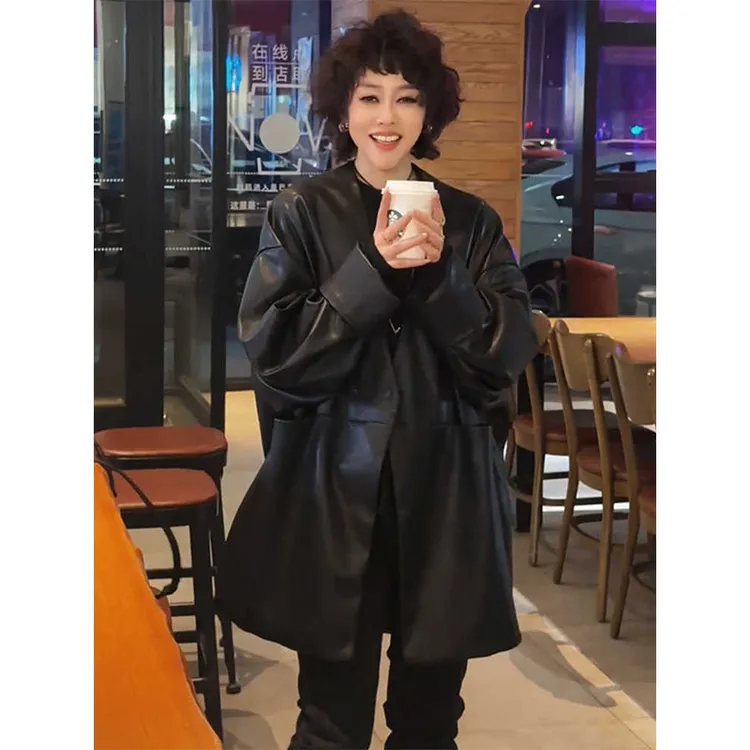 美式宽松V领中长款皮衣外套欧洲站2025春季新款时尚休闲黑色上衣
