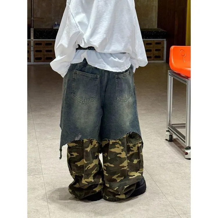 男童洋气假两件拼接牛仔裤秋季新款儿童宽松迷彩工装裤时髦长裤潮