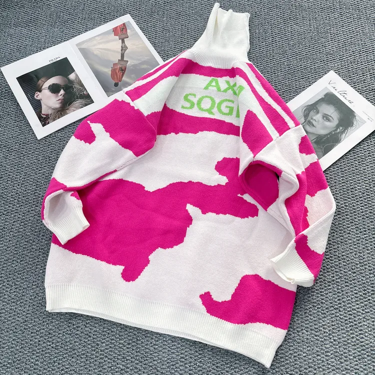 S508秋冬潮牌时尚双层包芯纱水波纹拼色高领长款针织衫