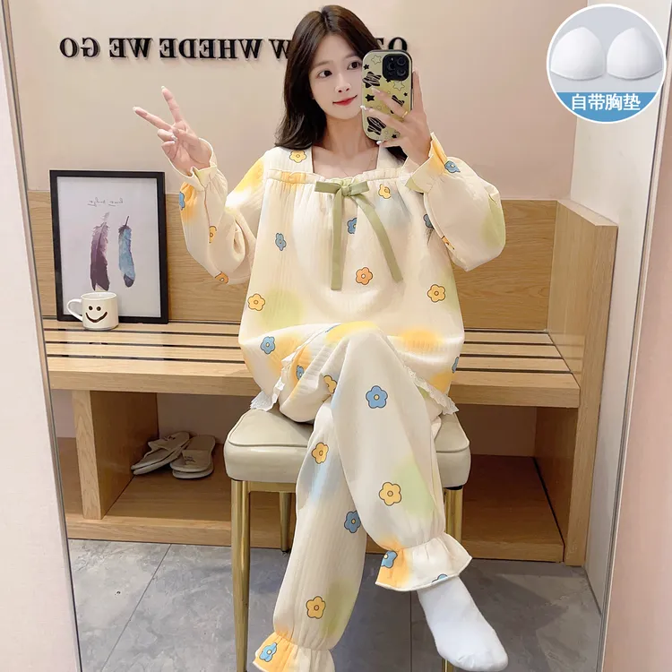 带胸垫睡衣女秋冬季长袖长裤花卉甜美冬季夹层加厚保暖家居服套装