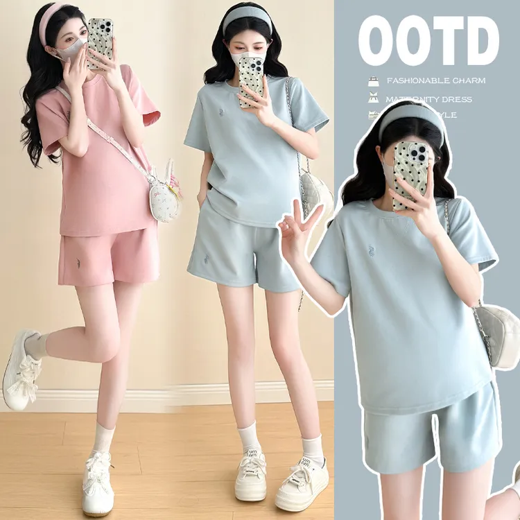 2025夏季时尚新款显瘦孕妇装休闲舒适通勤百搭运动风孕妇套装夏装