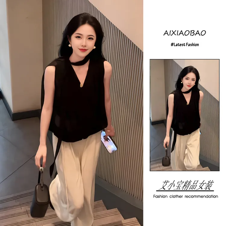 夏季2025年新款女装韩系穿搭慵懒风气质显瘦无袖上衣阔腿裤两件套