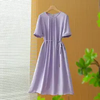 女紫色短袖圆领高品质真丝连衣裙女装法式收腰江南风公主风长裙