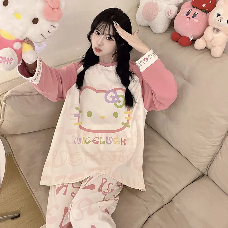 纯棉睡衣女春秋季长袖卡通可爱少女孩加大码可外穿秋款家居服套装