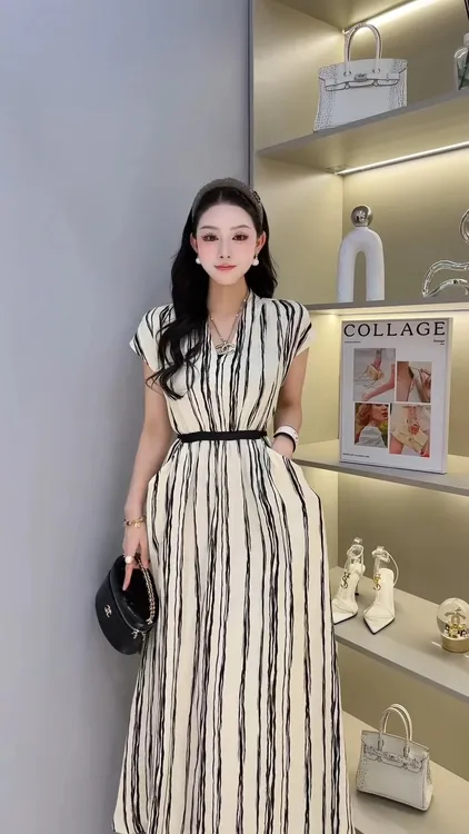 欧洲站2025夏季女装竖条纹V领短袖连衣裙女收腰显瘦气质长裙#1425
