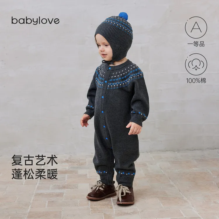 babylove婴童连体衣爬服秋冬季保暖男女通用复古长爬款休闲外出服