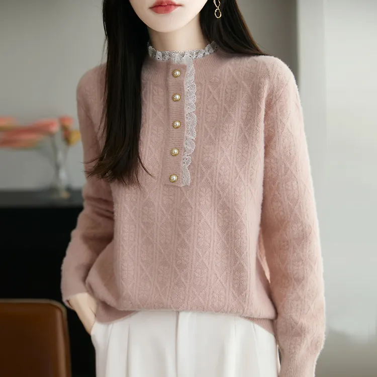 哥弟阿玛施正品秋冬珍珠扣精纺针织衫蕾丝领时尚内搭保暧打底衫厚