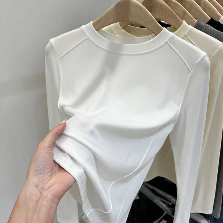 白色长袖t恤女秋冬2025新款洋气高级内搭鱼骨修身显瘦打底衫上衣